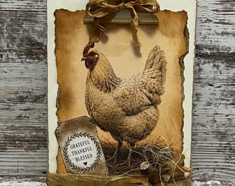 Farmhouse Chicken Clipboard Decor | Rustic Kitchen Wall Decor | Distressed Clipboard | Grateful Thankful Blessed | Country Cottage Decor