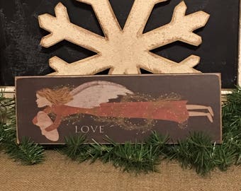 Christmas Folk Art Angel,Love,Christmas Angel,Rustic Christmas Decor,Primitive Christmas Decor,Wood Sign