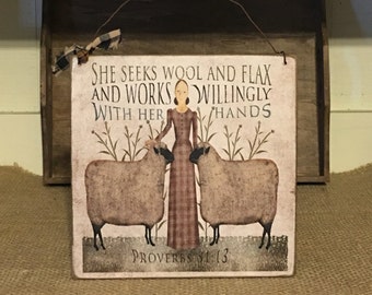 Primitive Sheep Wood Sign: Farmhouse Folk Art Decor