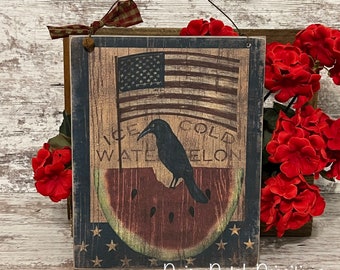 Primitive Americana Watermelon Sign: Rustic Crow Decor