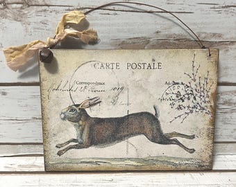 Primitive Rustic Spring Rabbit Sign ~ Folk Art Rabbit ~ Spring Decor