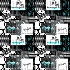 May include: A seamless pattern featuring a patchwork design with various black and white patterns, including cowhide, plaid, and geometric designs. The pattern also includes the words "Howdy", "Wrangler", and a cowboy riding a horse.