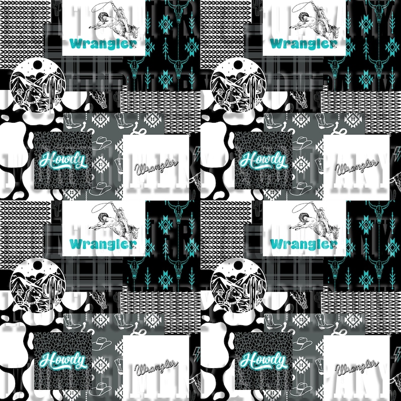 May include: A seamless pattern featuring a patchwork design with various black and white patterns, including cowhide, plaid, and geometric designs. The pattern also includes the words "Howdy", "Wrangler", and a cowboy riding a horse.