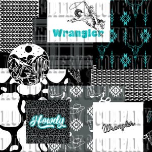 Op de afbeelding: Een digitale collage met verschillende zwart-wit patronen, waaronder koehuid, geometrische ontwerpen en een cactuslandschap. De collage bevat ook de woorden "Howdy", "Wrangler" en "Country" in turquoise blauwe lettertype.