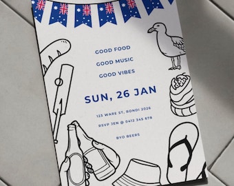 Invitación personalizable para fiesta del Día de Australia, barbacoa, invitación australiana, descarga digital imprimible, plantilla minimalista, divertida, cerveza Straya Snags