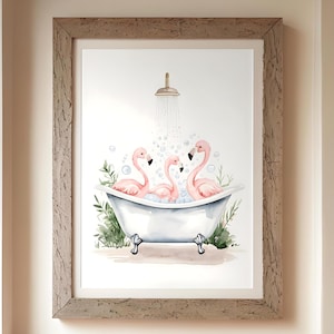 Flamingos in Bathtub Printable Wall Art, Cute Whimsical Bathroom Art Print Poster, Minimalist Watercolor, Bubble Bath Decor Digital Download