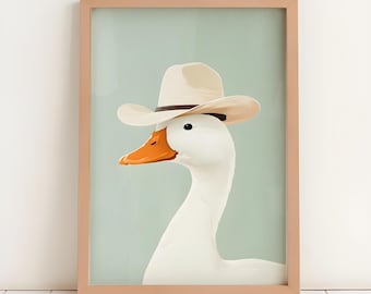 Arte de pared imprimible con un tonto vaquero y ganso, arte occidental lindo y caprichoso, acuarela minimalista, decoración de guardería con sombrero de vaquero, descarga digital