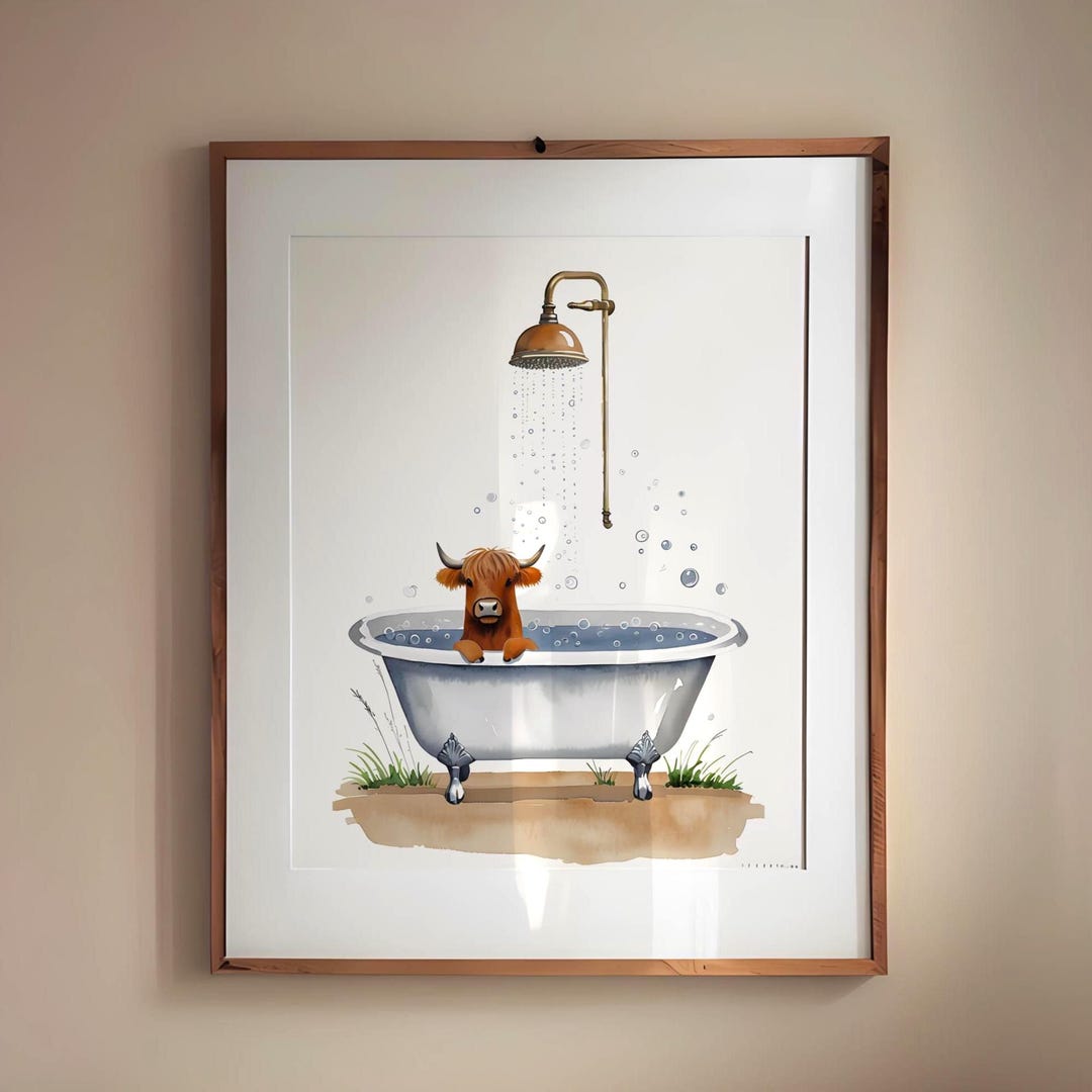 Highland Cow in Bathtub Printable Wall Art, Cute Whimsical Bathroom