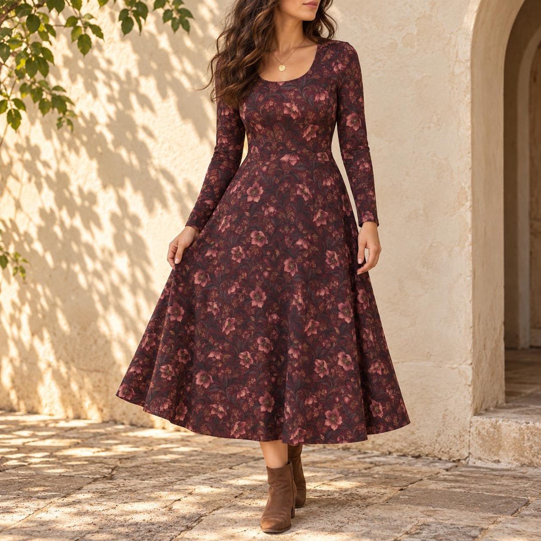 Burgundy Floral Midi Dress for Women, Vintage Botanical Damask Print ...