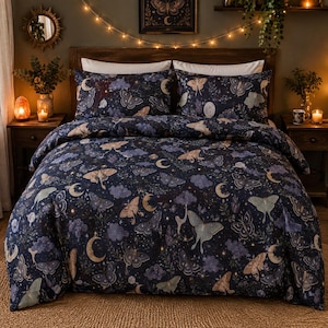 Moth Moon Pattern Duvet Cover, Night Sky Bedding, Moth Bed Set, Blue Purple Quilt Cover Set, Witchy Bedding, Celestial Sky Bedroom Decor