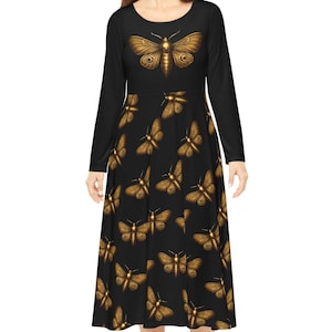 Celestial Moth Dress|Long Sleeve Black Dress, Gothic Black Moon Dress, Modest dress, Gold Moth, Gold Butterfly, Long Flowing Dress