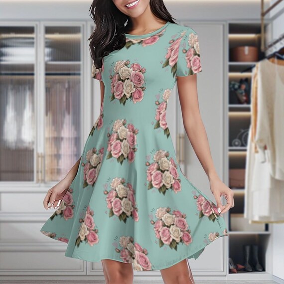 floral a line dress knee length Vintage Rose Print Dress, Pink A-line Dress, Short Sleeve Cottagecore Outfit Size:UK12 The off Rustic ZANKLEY Women's Plus Size