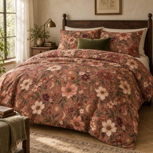 May include: A bedding set featuring a duvet cover and two pillowcases in a dusty rose color with a repeating pattern of large cream-colored flowers, dark green leaves, small purple blossoms, golden crescent moons, and tiny starburst icons.