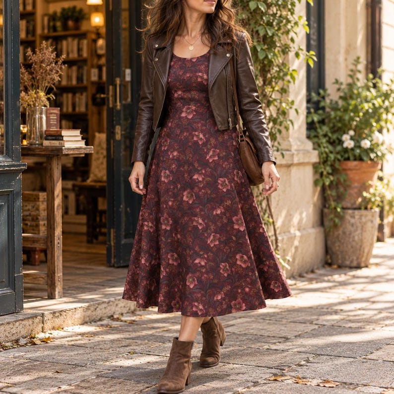Burgundy Floral Midi Dress for Women, Vintage Botanical Damask Print ...