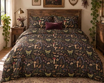 Set copripiumino con motivo falena fungo, biancheria da letto botanica foresta scura, arredamento camera da letto in stile cottagecore gotico, copripiumino in microfibra stile bosco gotico