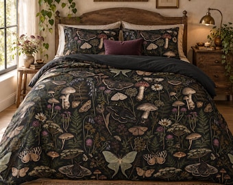 Moth and Mushroom Duvet Cover Set, Gothic Woodland Bedding, Dark Cottagecore Botanical Quilt Cover, Whimsigoth Forest Microfiber Bed Set