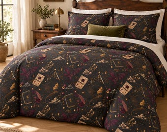 May include: A dark charcoal duvet cover and two matching pillow shams featuring a repeating pattern of purple dragons, gold swords, sealed parchment envelopes, books, and clouds. A solid olive green rectangular throw pillow rests on the bed.