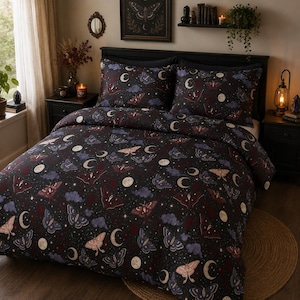 Celestial Moon Phases Duvet Cover set, Purple Moth Bed Set, Celestial Design Bedding, Teenage Girl Quilt, Dark Academia Moon Moth Decor