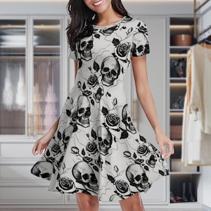 Skulls And Roses Gothic Dress, Witchy Dress, Goth Dress, Goth Dress Plus Size, Goth Dress Women, Gothic Dress Plus Size, Goth Midi Dress