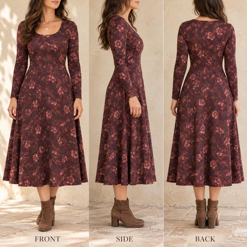 Burgundy Floral Midi Dress for Women, Vintage Botanical Damask Print ...