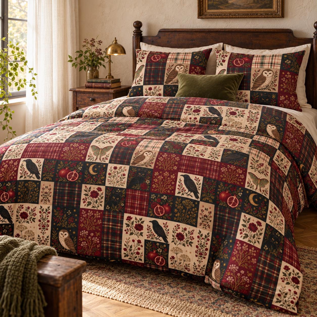 100% Cotton Gothic Duvet Cover & Sham Set for Witchy Bedroom, Moody Burgundy Floral Bedding, Lun