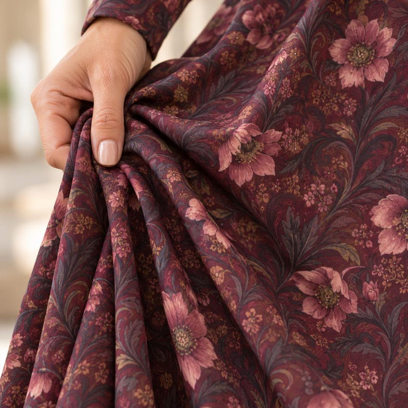 Burgundy Floral Midi Dress for Women, Vintage Botanical Damask Print ...