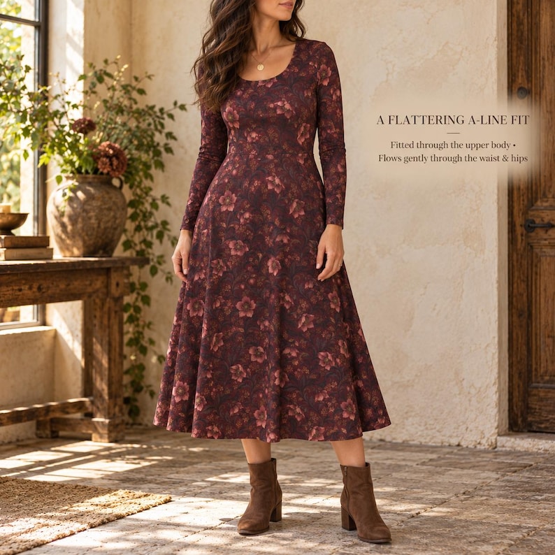 Burgundy Floral Midi Dress for Women, Vintage Botanical Damask Print ...