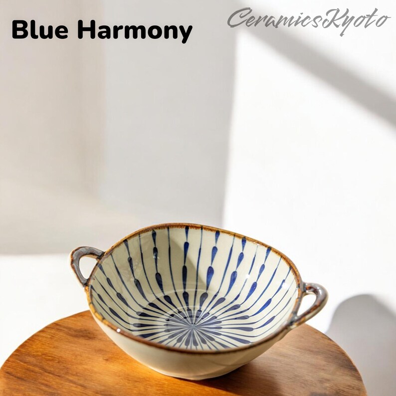 Handmade Japanese Ceramic Ramen Bowl with Handles, Deep Floral Noodle Soup Bowl, Elegant Pasta Rice Bowl, Asian Pottery Kitchen Tableware