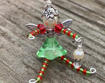 Christmas Elf Fairy Ornament, Red and Green Holiday Decoration