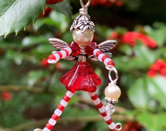 Candy Cane Fairy Charm, Miniature Red White Christmas Ornament