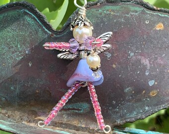 Pink Flower Fairy Ornament, Tween Girl Birthday Fairy Charm, Miniature Dragonfly Wings Fairy Decoration, Zipper Pull, Tooth Fairy Gift