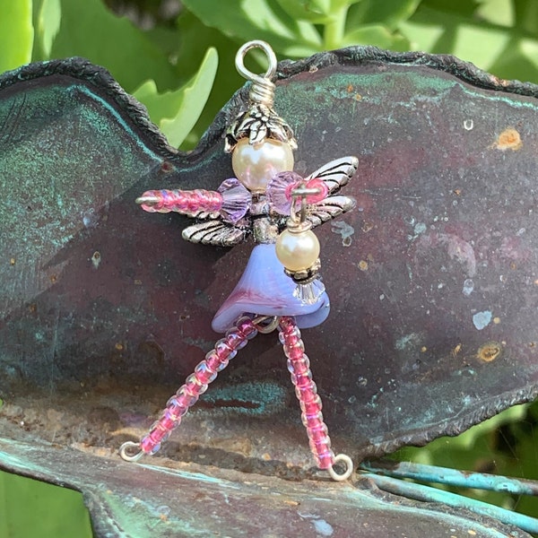 Pink Flower Fairy Ornament, Tween Girl Birthday Fairy Charm, Miniature Dragonfly Wings Fairy Decoration, Zipper Pull, Tooth Fairy Gift