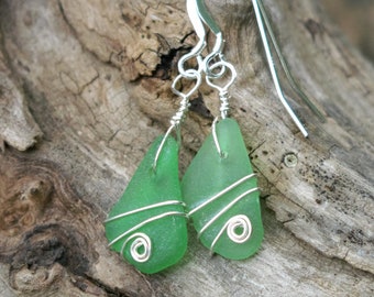 Genuine Green Beach Glass Dangle Earrings, Natural Sea Glass Jewelry Sterling Silver Wire Wrapped, from the Atlantic Ocean,