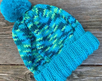 Hand Knit Aqua Blue and Teal Green Winter Hat With Folded Brim And Pom Pom, Handmade Knitted Soft Acrylic Beanie for Child or Small Adult