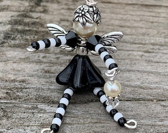 Black and White Gothic Fairy Charm, Beaded Fairy Zipper Pull Decoration, Mini Fairy Keepsake, Rear View Mirror Ornament, Fairy Gift