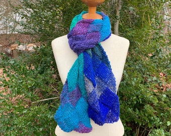 Hand Knitted Soft Winter Scarf in Bright Colors Green Purple Blue, Handmade Knit Silk Mohair and Wool Scarf, Colorful Scarf, Gift for Her