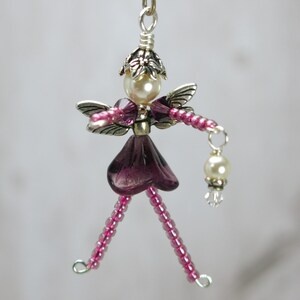 Flower Fairy Ornament, Pink & Purple Fairy Charm, Beaded Faery Zipper Pull, Miniature Faerie Accessory, Wine Bottle Decoration Hostess Gift image 2