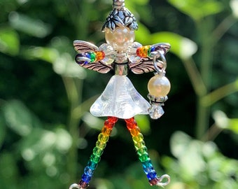 RAINBOW Fairy Ornament, Rainbow Baby Gift, Miniature Fairy Decoration, Beaded Fairy Zipper Pull, Girl Birthday, Gay Pride Fairy Charm Chakra