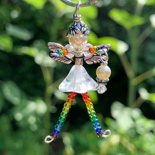 RAINBOW Fairy Ornament, Rainbow Baby Gift, Miniature Fairy Decoration, Beaded Fairy Zipper Pull, Girl Birthday, Gay Pride Fairy Charm Chakra