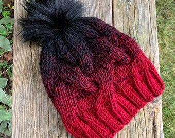 Cable Knit Pom Pom Hat Red and Black, Women's Hand Knitted Warm Hat, Unisex Winter Accessories, Soft Knit Bobble Hat for Him, Ready to Ship