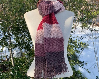 Hand Knit Purple and Pink Scarf With Fringe, Women's Knitted Wool Blend Long Warm Winter Scarf, Soft Reversible Scarf Handmade Stripes