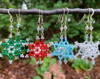 Seed Bead Snowflake Earrings with Sterling Silver & Swarovski Crystal Christmas Snowflake Jewelry, Winter Holiday Teacher Gift