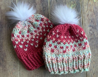 Hand Knit Pink Wool Blend Beanie, Faux Fur Pom Pom Hat