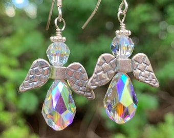 Pendientes de ángel de cristal, regalo de ángel guardián, plata de ley