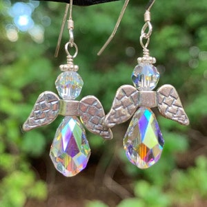 Sterling Silver GUARDIAN ANGEL Earrings, Crystal Angel Jewelry, Inspirational Spiritual Heavenly Christmas Angel Collector Gift Earrings