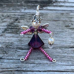 Flower Fairy Ornament, Pink & Purple Fairy Charm, Beaded Faery Zipper Pull, Miniature Faerie Accessory, Wine Bottle Decoration Hostess Gift image 1