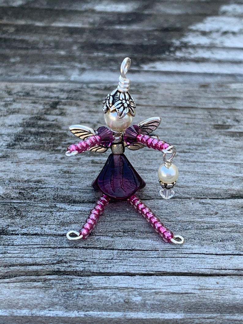 Flower Fairy Ornament, Pink & Purple Fairy Charm, Beaded Faery Zipper Pull, Miniature Faerie Accessory, Wine Bottle Decoration Hostess Gift image 1