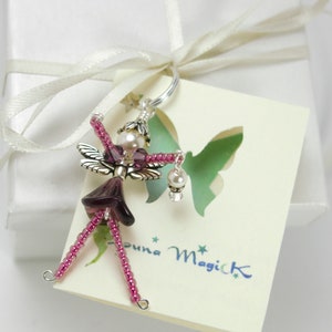 Flower Fairy Ornament, Pink & Purple Fairy Charm, Beaded Faery Zipper Pull, Miniature Faerie Accessory, Wine Bottle Decoration Hostess Gift image 3