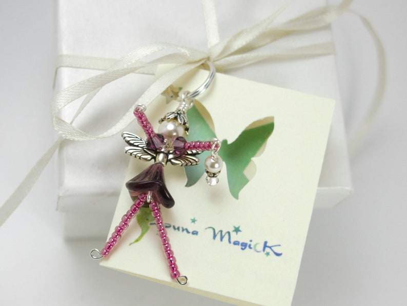 Flower Fairy Ornament, Pink & Purple Fairy Charm, Beaded Faery Zipper Pull, Miniature Faerie Accessory, Wine Bottle Decoration Hostess Gift image 3