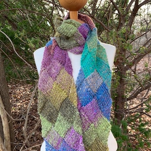 Hand Knit Colorful Scarf, Bright Mohair Wool Silk Scarf, Green Purple Blue Winter Wrap, Gift for Her